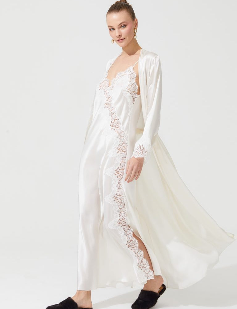 DIAMOND SILK LONG ROBE ECRU