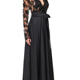 VAMPY SILK LACE EMBROIDERED LONG ROBE BLACK